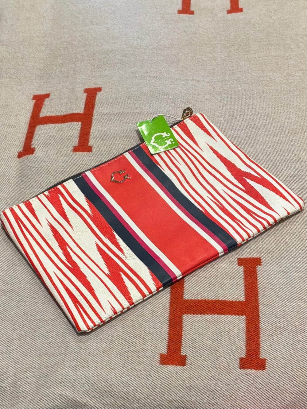 C. Wonder Red White Navy Stripe Cosmetic Pouch with Gold Logo